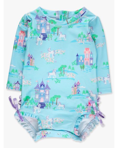 Once Upon a Castle Long Sleeve One Piece Rash Guard Swimsuit, with Signature Rear Ruffles