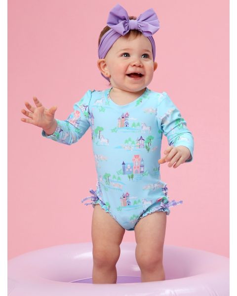 Once Upon a Castle Long Sleeve One Piece Rash Guard Swimsuit, with Signature Rear Ruffles