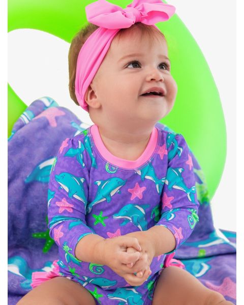 Neon Fin Friends Long Sleeve One Piece Rash Guard Swimsuit, with Signature Rear Ruffles