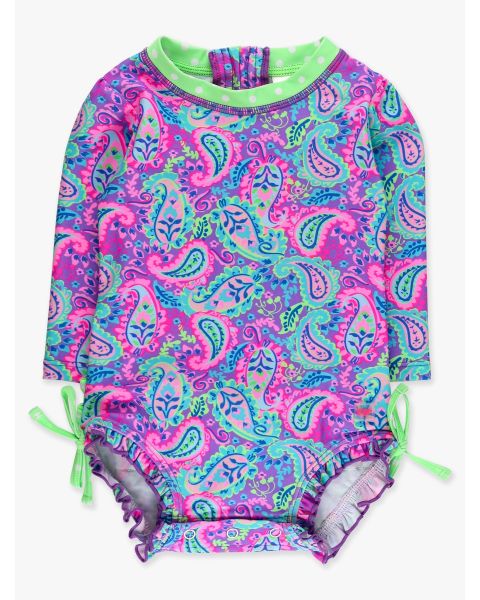 Neon Paisley Pop Long Sleeve One Piece Rash Guard Swimsuit, with Signature Rear Ruffles