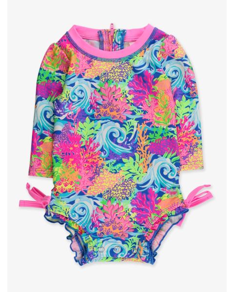 Neon Ocean Coral Long Sleeve One Piece Rash Guard Swimsuit, with Signature Rear Ruffles