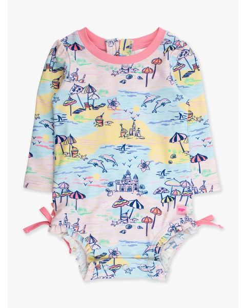 Beach Day Long Sleeve One Piece Rash Guard Swimsuit, with Signature Rear Ruffles