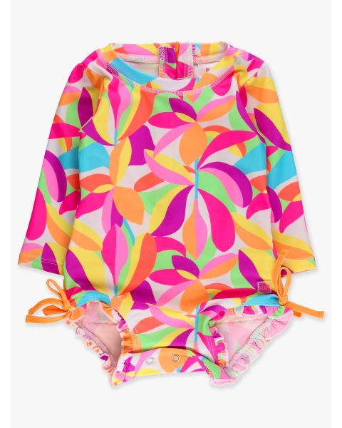 Neon Tropical Adventure Long Sleeve One Piece Rash Guard Swimsuit, with Signature Rear Ruffles