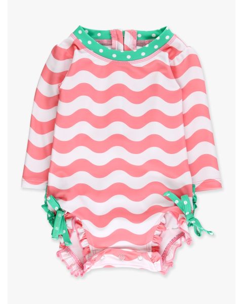Bubblegum Pink Wavy Stripe Long Sleeve One Piece Rash Guard Swimsuit, with Signature Rear Ruffles