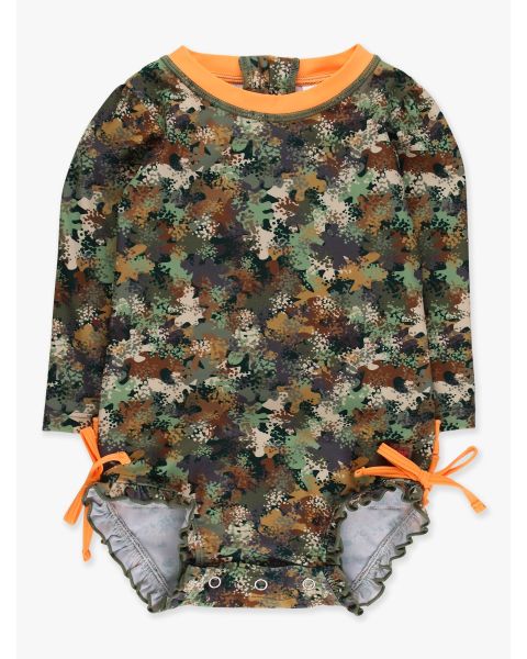 Classic Camo Long Sleeve One Piece Rash Guard Swimsuit, with Signature Rear Ruffles
