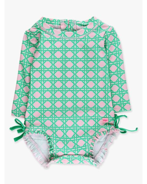 Pink Coastal Cane Long Sleeve One Piece Rash Guard Swimsuit, with Signature Rear Ruffles