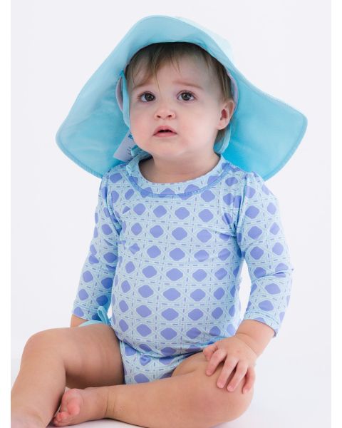 Periwinkle Blue Coastal Cane Long Sleeve One Piece Rash Guard Swimsuit, with Signature Rear Ruffles