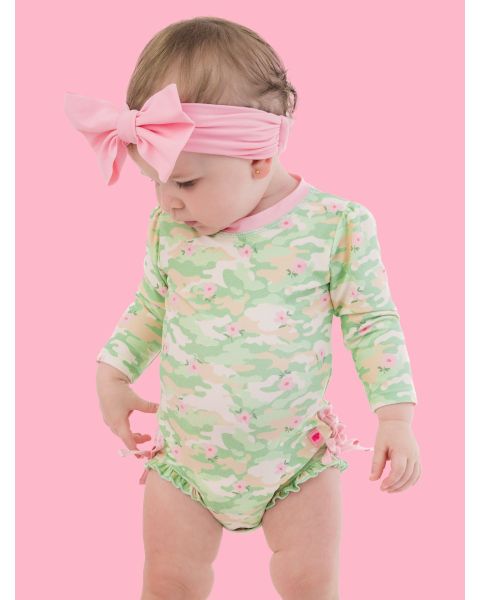 Sage Blossom Camo Long Sleeve One Piece Rash Guard Swimsuit, with Signature Rear Ruffles