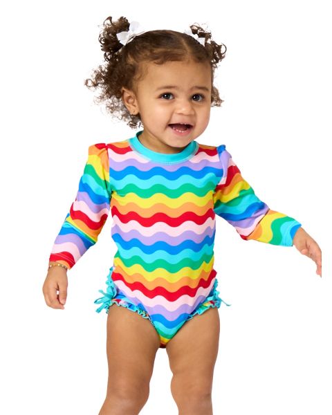 Rainbow Wavy Stripe Long Sleeve One Piece Rash Guard Swimsuit, with Signature Rear Ruffles