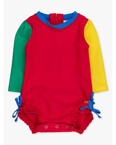 Primary Color Block Long Sleeve One Piece Rash Guard Swimsuit, with Signature Rear Ruffles