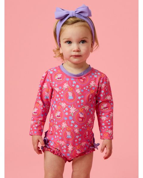 Dress Up Peppa Pig Long Sleeve One Piece Rash Guard Swimsuit, with Signature Rear Ruffles