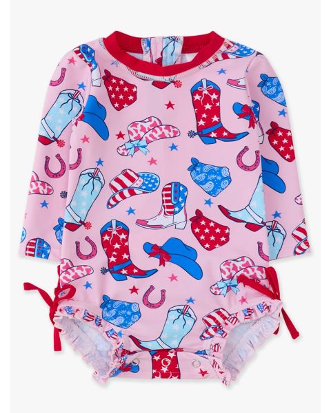 Pink Stars & Spurs Long Sleeve One Piece Rash Guard Swimsuit, with Signature Rear Ruffles