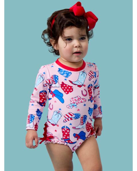 Pink Stars & Spurs Long Sleeve One Piece Rash Guard Swimsuit, with Signature Rear Ruffles