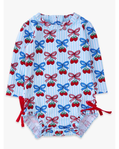 Berries & Bows Long Sleeve One Piece Rash Guard Swimsuit, with Signature Rear Ruffles
