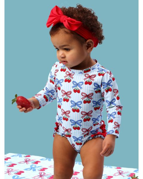 Berries & Bows Long Sleeve One Piece Rash Guard Swimsuit, with Signature Rear Ruffles