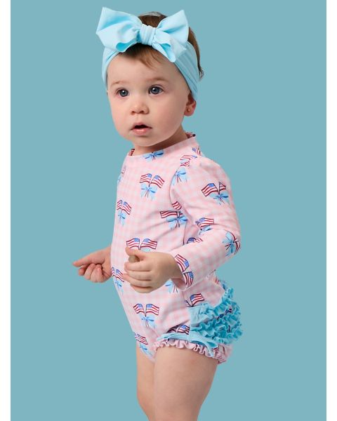 Pink Patriotic Gingham Long Sleeve One Piece Rash Guard Swimsuit, with Signature Rear Ruffles