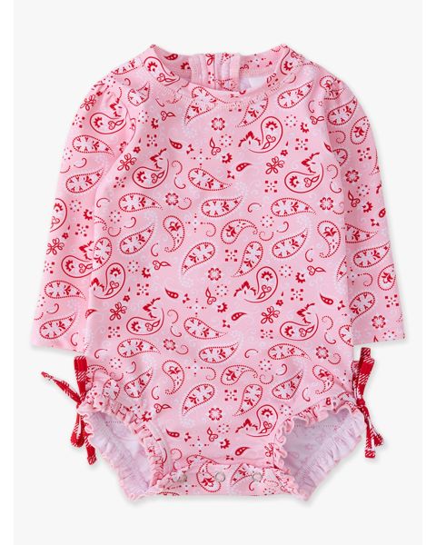Pink Bandana Long Sleeve One Piece Rash Guard Swimsuit, with Signature Rear Ruffles