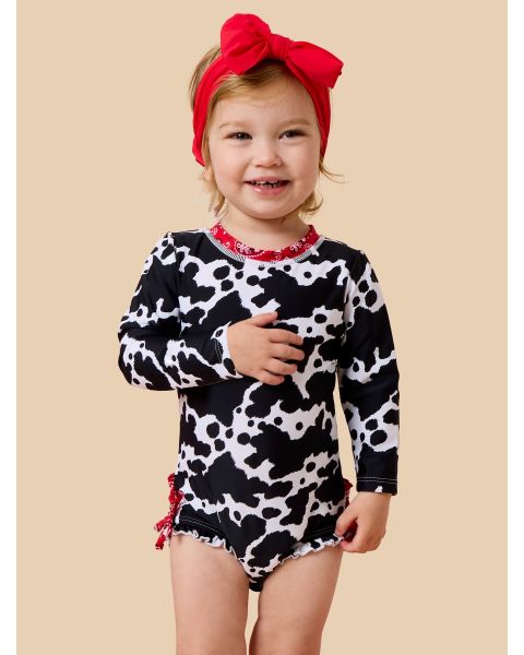 Moo Crew Long Sleeve One Piece Rash Guard Swimsuit, with Signature Rear Ruffles