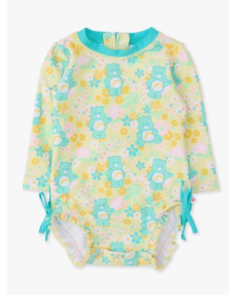 Banana Floral Care Bears Long Sleeve One Piece Rash Guard Swimsuit, with Signature Rear Ruffles