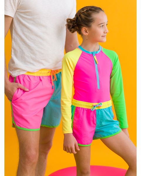 Neon Color Block Girls' Long Sleeve Rash Guard One Piece