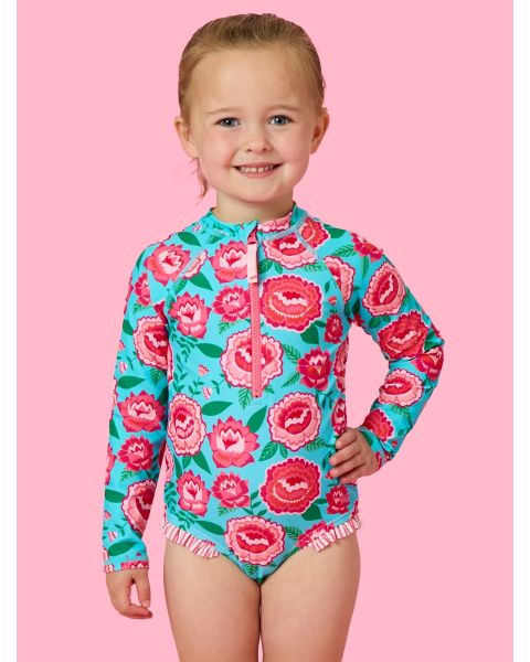 Bright Blossoms Long Sleeve Zipper Rash Guard One Piece Swimsuit