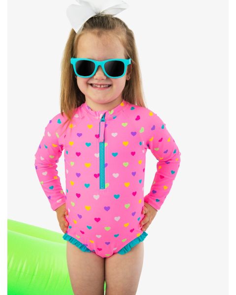 Neon Pink Colorful Hearts Long Sleeve Zipper One Piece Rash Guard Swimsuit
