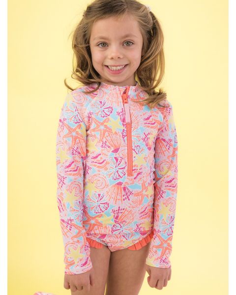 Sunset Seashells Long Sleeve Zipper One Piece Rash Guard Swimsuit