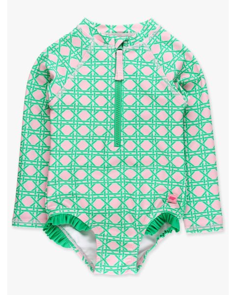 Pink Coastal Cane Long Sleeve Zipper One Piece Rash Guard Swimsuit