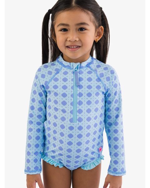 Periwinkle Blue Coastal Cane Long Sleeve Zipper One Piece Rash Guard Swimsuit