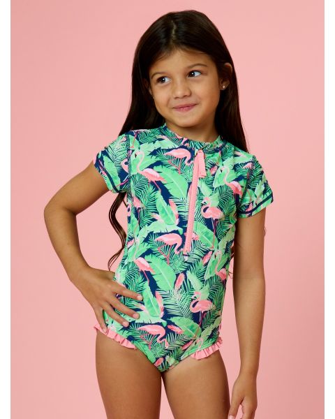 Flamingo Frenzy Girls Short Sleeve One Piece Rash Guard