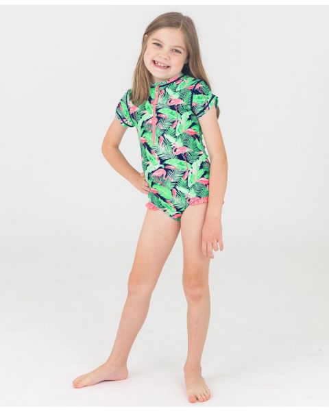 Flamingo Frenzy Girls Short Sleeve One Piece Rash Guard
