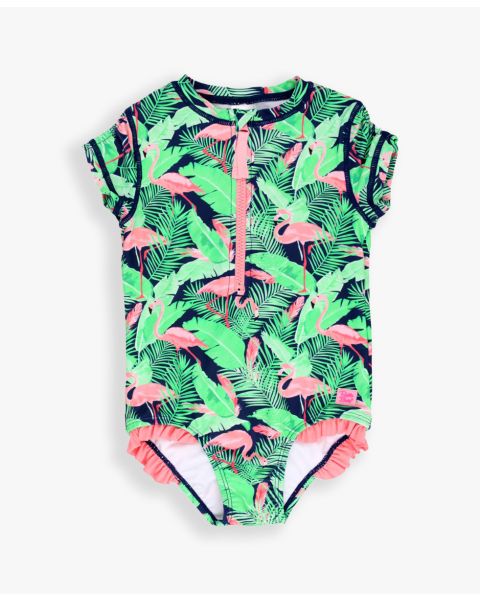 Flamingo Frenzy Girls Short Sleeve One Piece Rash Guard