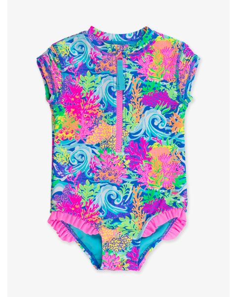 Neon Ocean Coral Short Sleeve Rash Guard One Piece Swimsuit