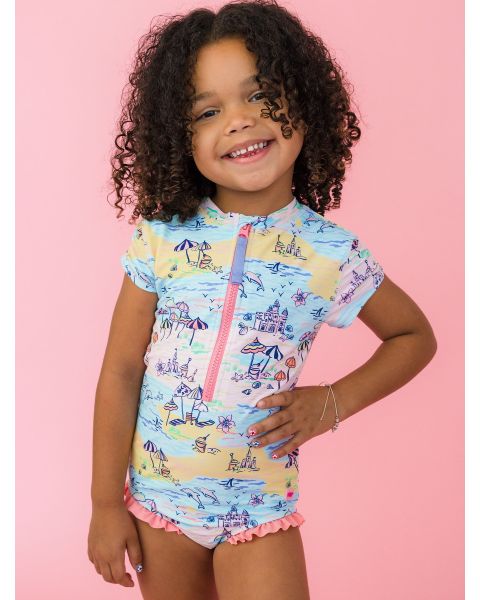 Beach Day Short Sleeve Rash Guard One Piece Swimsuit