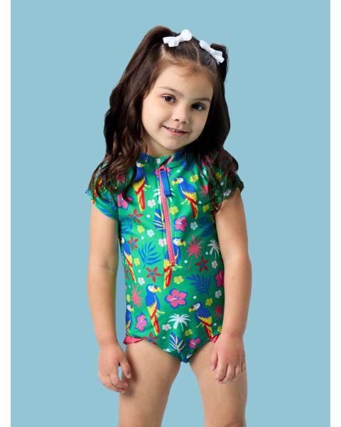 Parrot Palms Short Sleeve Rash Guard One Piece Swimsuit