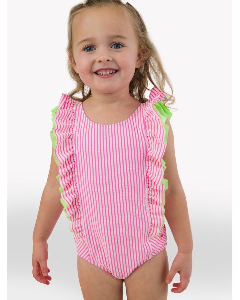 Neon Pink Seersucker Seersucker Waterfall One Piece Swimsuit