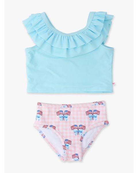 Pink Patriotic Gingham Ruffle Tankini 2-Piece Swimsuit, with Signature Rear Ruffles
