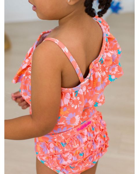 Coral Floral One Shoulder Ruffle Tankini