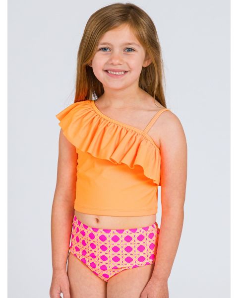 Neon Sherbet Cane One Shoulder Ruffle Tankini 2-Piece Swimsuit, with Signature Rear Ruffles