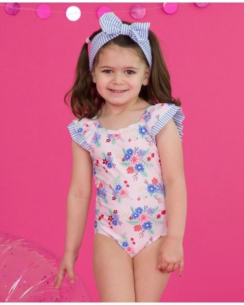 Coastal Breeze Floral Ruffle V-Back One Piece