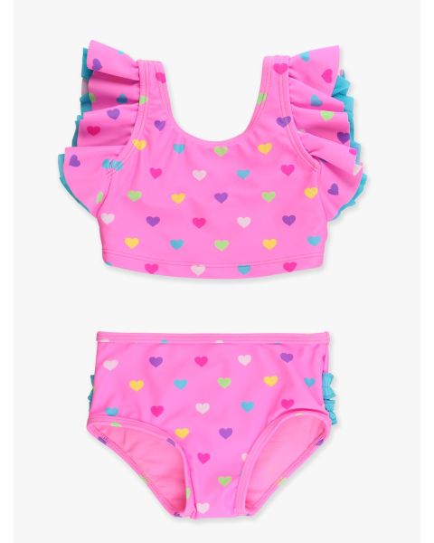 Neon Pink Colorful Hearts Butterfly Tankini 2-Piece Swimsuit, with Signature Rear Ruffles