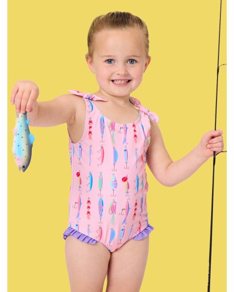 Pink Gone Fishin Tie Shoulder One Piece Swimsuit
