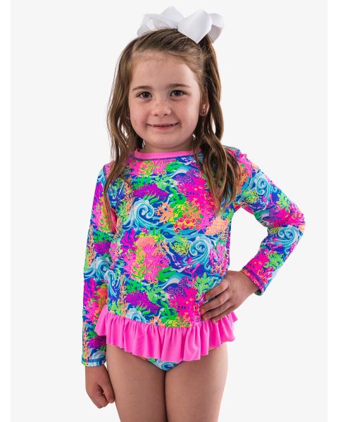 Neon Ocean Coral Long Sleeve Rash Guard 2-Piece Swimsuit, with Signature Rear Ruffles