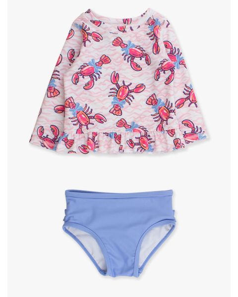 Pink Lobster Lagoon Long Sleeve Rash Guard 2-Piece Swimsuit, with Signature Rear Ruffles