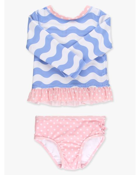 Periwinkle Blue Wavy Stripe Long Sleeve Rash Guard 2-Piece Swimsuit, with Signature Rear Ruffles