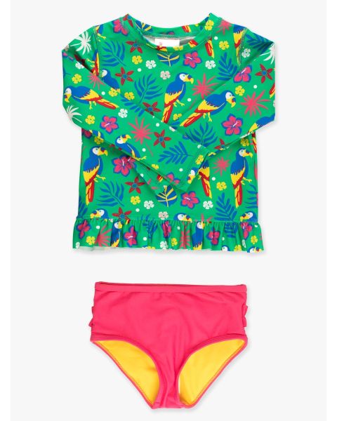 Parrot Palms Long Sleeve Rash Guard 2-Piece Swimsuit, with Signature Rear Ruffles
