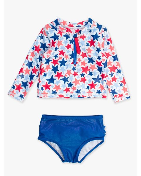 Shimmer Star-Spangled Long Sleeve Zipper Rash Guard 2-Piece Swimsuit