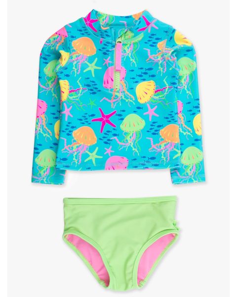 Neon Jelly Time Long Sleeve Zipper Rash Guard 2-Piece Swimsuit, with Signature Rear Ruffles