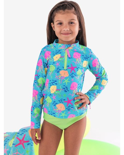 Neon Jelly Time Long Sleeve Zipper Rash Guard 2-Piece Swimsuit, with Signature Rear Ruffles