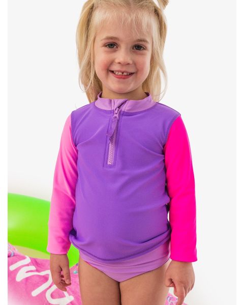 Neon Purple Color Block Long Sleeve Zipper Rash Guard 2-Piece Swimsuit, with Signature Rear Ruffles